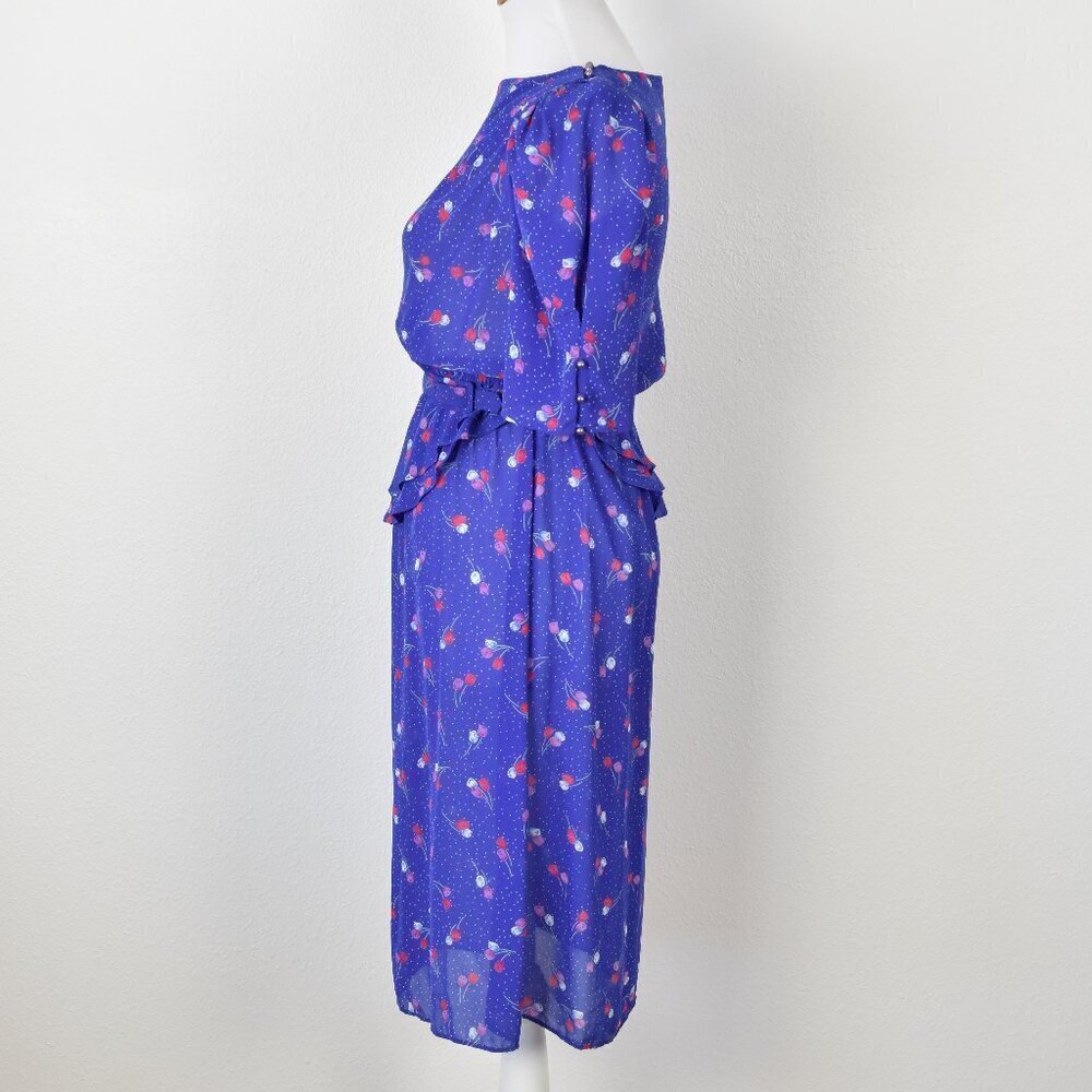 80's Vintage Floral Belted Peplum Formal Dress - 4 - Picture 7 of 13